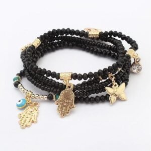 Pulsera Multicapa de la Suerte con Mano de Fátima y Ojo Turco