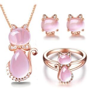 Set de Joyería de Gato - Estilo Cuarzo Rosado (Baño Oro Rosa)