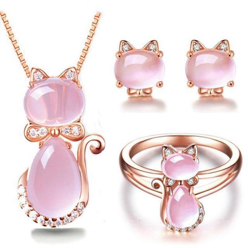 Set de Joyería de Gato - Estilo Cuarzo Rosado (Baño Oro Rosa)